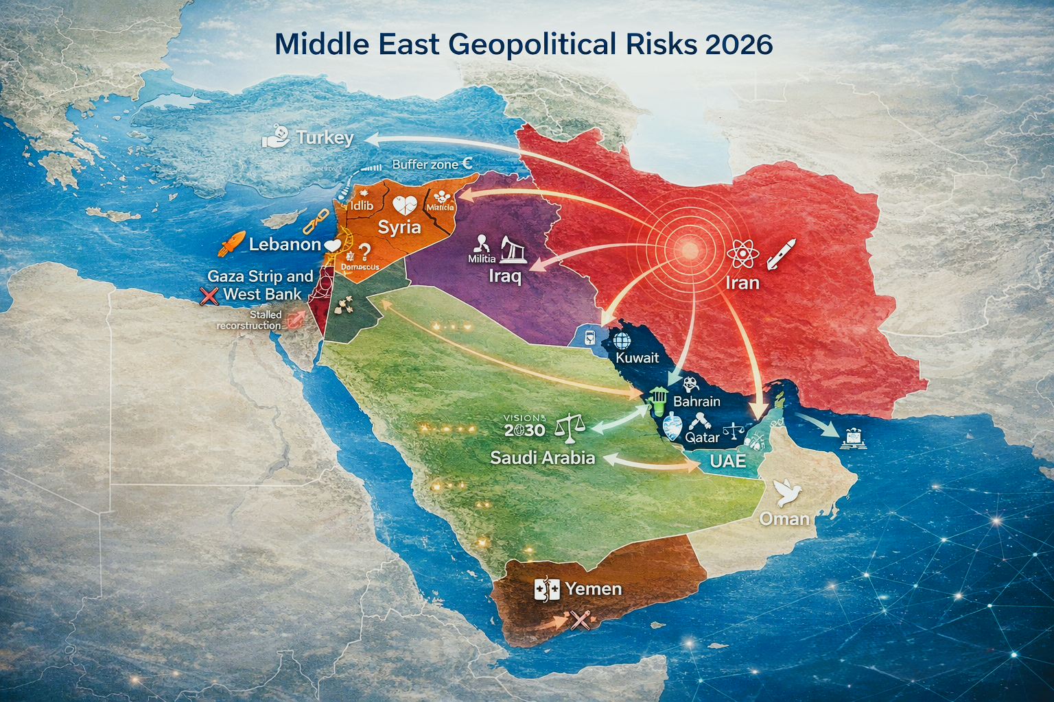 Middle East geopolitical map showing conflict zones